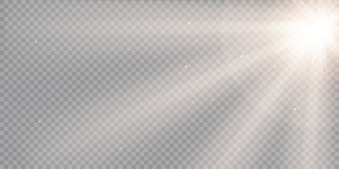 Sunlight effect on transparent png background. Gold rays and beam shining with bokeh glow effect. Summer sun light overlay, vector illustration.