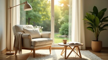 Relaxing morning in a sunlit room with a comfortable armchair, a warm beverage, and an open book near a large window
