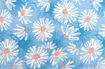 Fabric with daisy patterns on a light blue background.