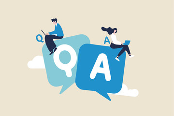 Q and A, question and answers, FAQ frequently asked question, information or solution to solve problem, resolution or advice concept, business people working on dialog with question and answer.