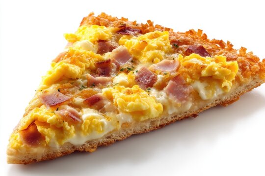 Delicious breakfast pizza slice with scrambled eggs ham mozzarella cheese on bright white background tasty culinary creativity