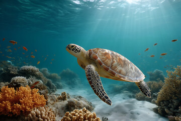 Obraz premium Majestic sea turtle gracefully swimming through coral reefs, sunlight dancing through ocean depths, serene underwater world.