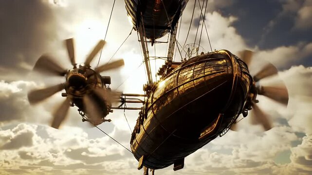 Majestic Steampunk Airship Soaring Through Sun-Drenched Clouds