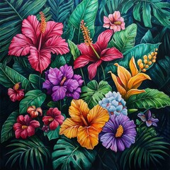 Vibrant Tropical Hibiscus and Flowers Painting