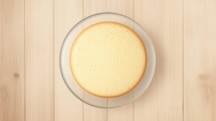 Top view of Vanilla sponge cake in transparent plate on a wooden background, hyper realistic photo with high quality