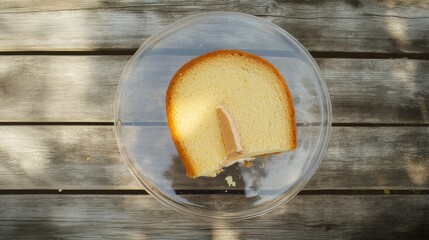 A delightful slice of vanilla cake, featuring a creamy filling, rests on a rustic wooden table bathed in sunlight. The image showcases the cake's texture and the warm ambiance of an outdoor setting.