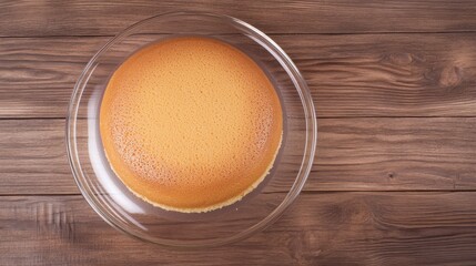 Top view of Vanilla sponge cake in transparent plate on a wooden background, hyper realistic photo with high quality