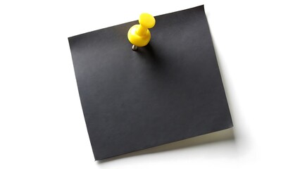 Black sticky post it note with yellow pushpin isolated on white background