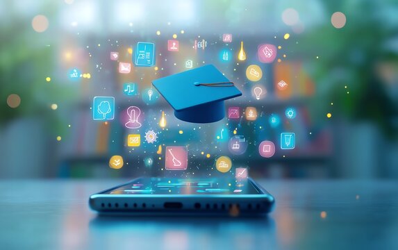 Online education, graduation cap on smartphone screen.