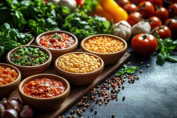Colorful spread of spices and fresh vegetables arranged on a kitchen counter for cooking