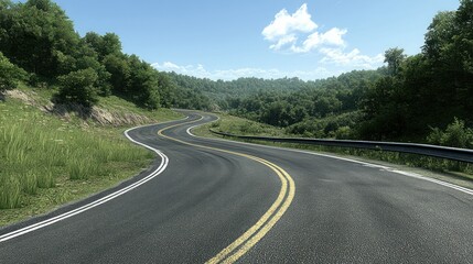 Winding mountain road through lush forest.  Sunny day