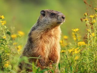 Naklejka premium Alert groundhog standing upright in a meadow of yellow wildflowers, symbolizing natures beauty and vigilance. Perfect for wildlife documentaries, conservation campaigns, and educational materials.