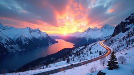 Serene Winter Sunset Over a Mountain Lake and Winding Road