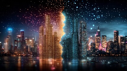 Fototapeta premium Housing crisis impact economic. A futuristic city skyline divided by a shimmering effect, blending vibrant colors with a dark night backdrop, creating a captivating visual contrast.