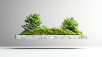 Obraz premium Floating, minimalist, nature scene on a light stone platform. Lush greenery, two small trees, and moss grow on a flat surface