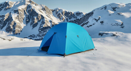Blue Tent in Snowy Mountain Landscape