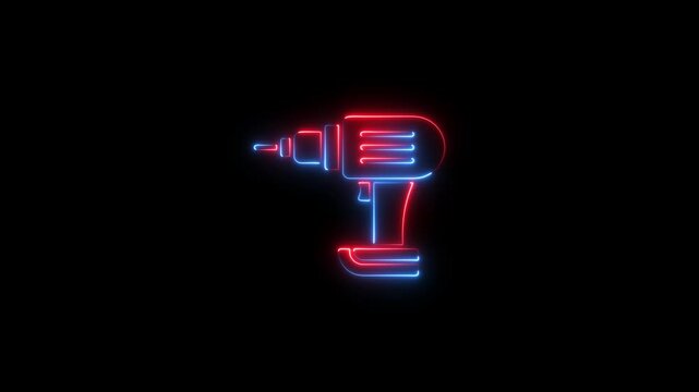 Glowing neon drill icon isolated on black background. HD Video motion graphic animation
