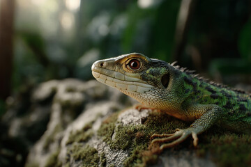 Fototapeta premium Detailed close-up of a green reptile on a mossy rock, basking in sunlight, surrounded by foliage.