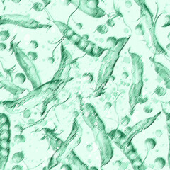 Seamless hand drawn watercolor pattern: sweet green pea pods and peas.pattern for fashion prints for printing fabrics, paper, background, cloth, packaging. Pencil drawing with strokes