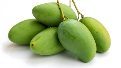Obraz premium Green mangoes cluster of unripe fruit isolated on white background