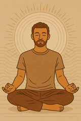 Illustration of Man Meditating in Lotus Pose with Radiating Energy Lines
