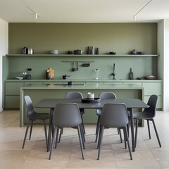 Modern interior design of minimalist green kitchen with island, dining table and grey chairs..