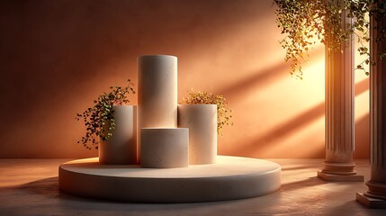 Elegant 3d podium display with warm terracotta sunset shadows minimalist product mockup photo realistic environment