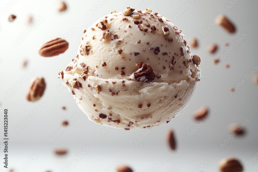Poster nutty ice cream scoop with nuts floating around it against light background