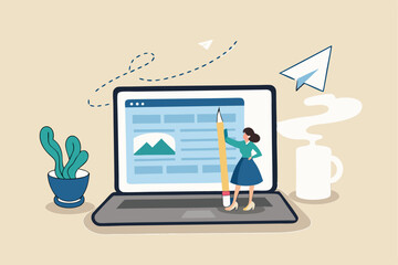 Content writer, blogger or bullet journal, publishing editor or writing article online, copywriter for advertising, freelance journalist concept, creative woman holding pencil with content on website.