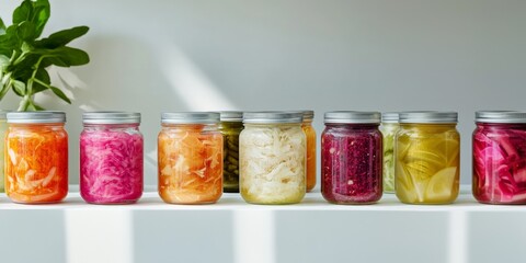 Fermented foods in glass jars—sauerkraut, kimchi, pickles—arranged on a modern pedestal. Clean setting emphasizes probiotic-rich, colorful presentation