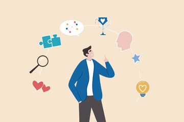 Soft skills or personal attribute to be success, confident businessman with elements of soft skills, networking, empathy, time management or communication skill, problem solving and creativity.