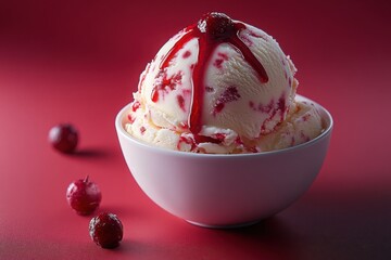 Delicious ice cream with raspberry drizzle and berries in a white bowl on red surface