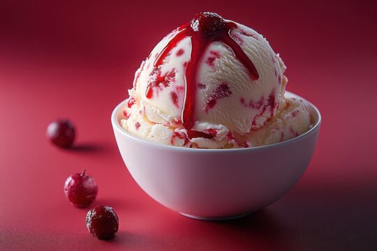Delicious ice cream with raspberry drizzle and berries in a white bowl on red surface