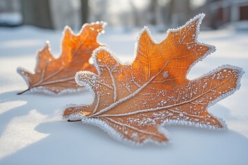 Fototapeta premium Frost Covered Oak Leaves On Snowy Ground Winter Scene