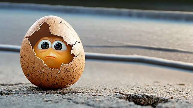 A surprised cartoon character emerging from a cracked egg on a sandy beach with ocean waves