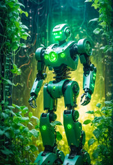Fototapeta premium Green Robot in Lush Jungle Environment.
