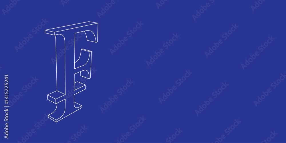Poster the outline of a large franc symbol made of white lines on the left. 3d view of the object in perspe