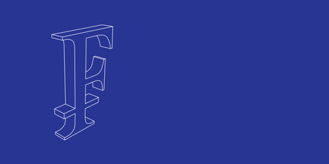 The outline of a large franc symbol made of white lines on the left. 3D view of the object in perspective. Vector illustration on indigo background