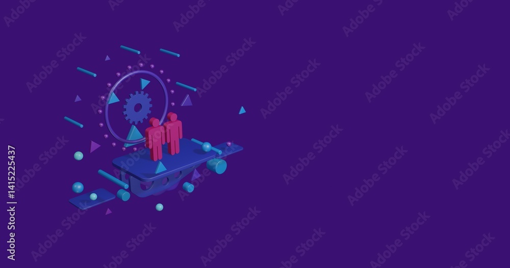 Poster pink man with man symbol on a pedestal of abstract geometric shapes floating in the air. abstract co