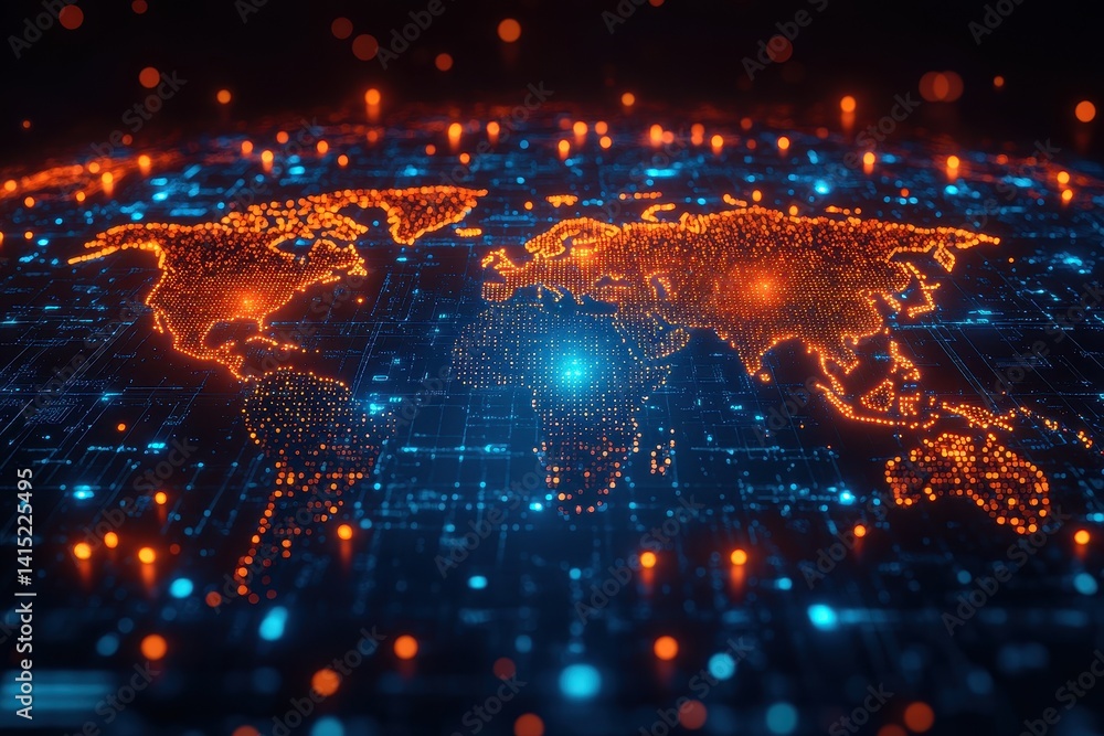 Poster digital map of the world illuminated by glowing orange and blue dots representing data connections