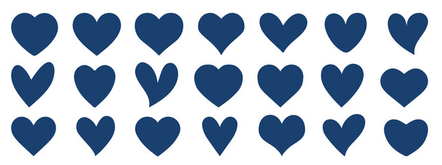 Set of hearts in blue color, heart icons set vector, set of hearts different shapes for design. Heart collection. Vector art. Heart, love, romance hearts. Vector icons. Heart love symbol