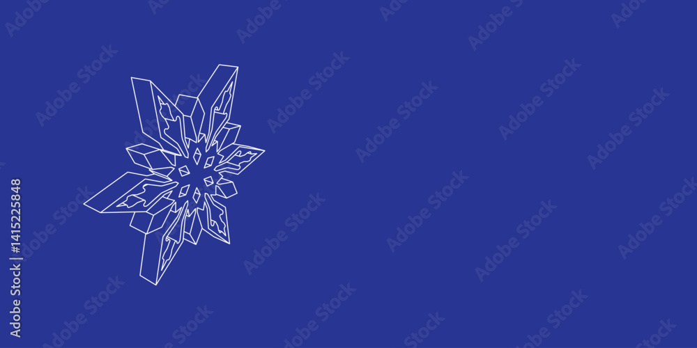 Poster the outline of a large snowflake made of white lines on the left. 3d view of the object in perspecti