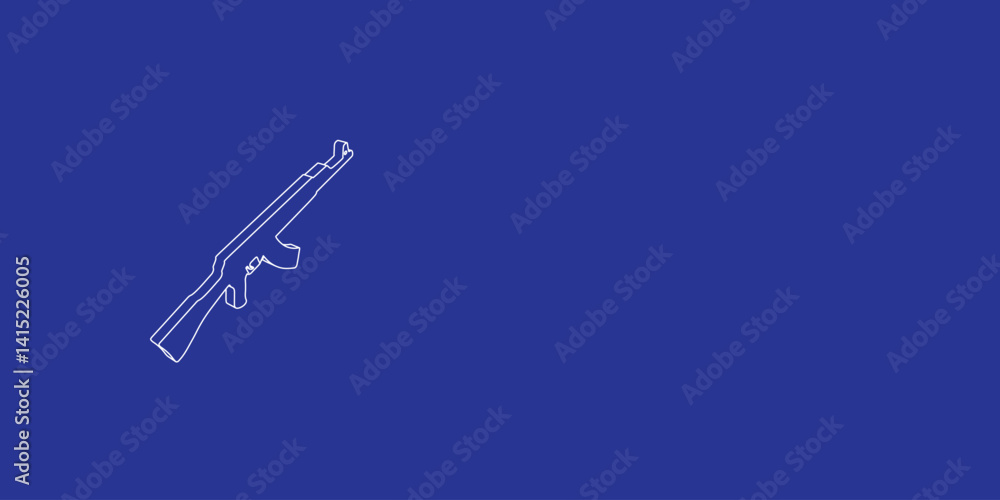 Poster the outline of a large assault rifle made of white lines on the left. 3d view of the object in persp