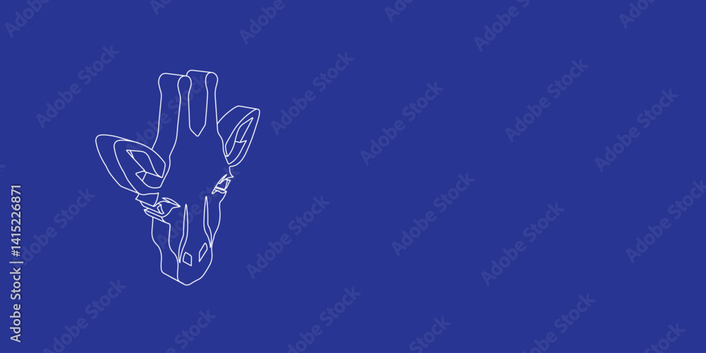 Poster the outline of a large giraffe head symbol made of white lines on the left. 3d view of the object in