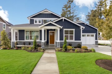 Modern two-story home with navy blue exterior and white trim, wooden front door and glass windows, lush front yard with path and plants under clear blue sky.
