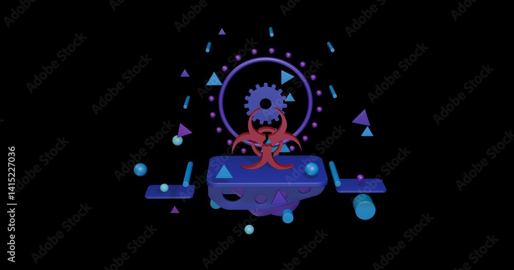Poster red biohazard symbol on a pedestal of abstract geometric shapes floating in the air. abstract concep
