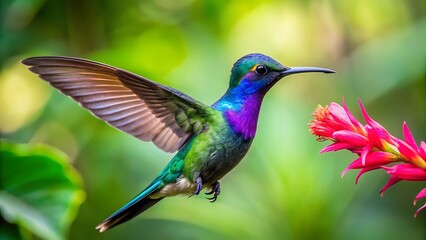 Vibrant Hummingbird Hovering by Red Blossoms in a Lush Garden