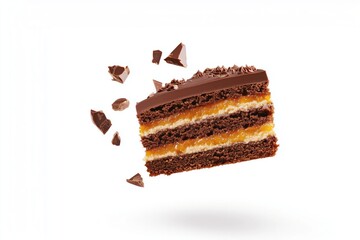 Delicious chocolate cake slice floating with chocolate shards on white background