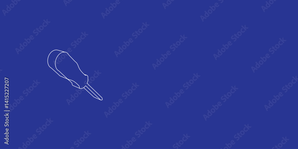 Poster the outline of a large a screwdriver symbol made of white lines on the left. 3d view of the object i