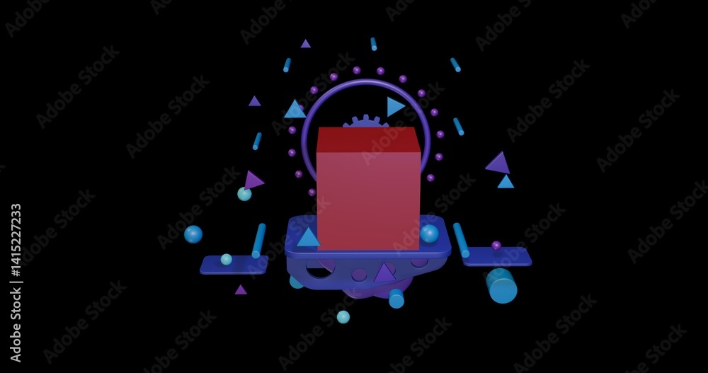 Poster red cube on a pedestal of abstract geometric shapes floating in the air. abstract concept art with f
